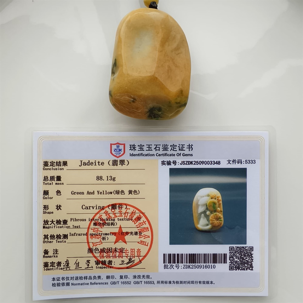 DDP | Unique Certificated Natural Hand Carved Yellow Color Heated 57X40X21mm Burmese Jadeite 悟道 Pendant,Amulet Pendant,DIY Jewelry Supplies