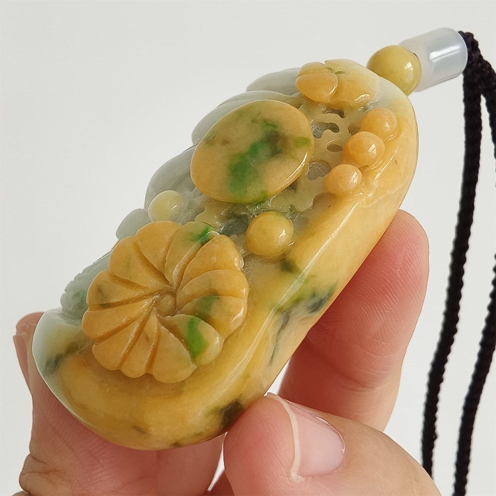 DDP | Unique Certificated Natural Hand Carved Yellow Color Heated 57X40X21mm Burmese Jadeite 悟道 Pendant,Amulet Pendant,DIY Jewelry Supplies