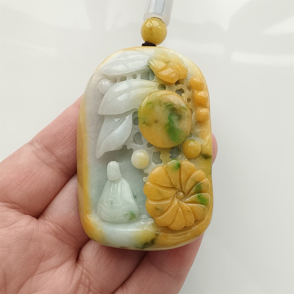 DDP | Unique Certificated Natural Hand Carved Yellow Color Heated 57X40X21mm Burmese Jadeite 悟道 Pendant,Amulet Pendant,DIY Jewelry Supplies