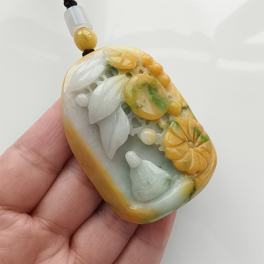 DDP | Unique Certificated Natural Hand Carved Yellow Color Heated 57X40X21mm Burmese Jadeite 悟道 Pendant,Amulet Pendant,DIY Jewelry Supplies