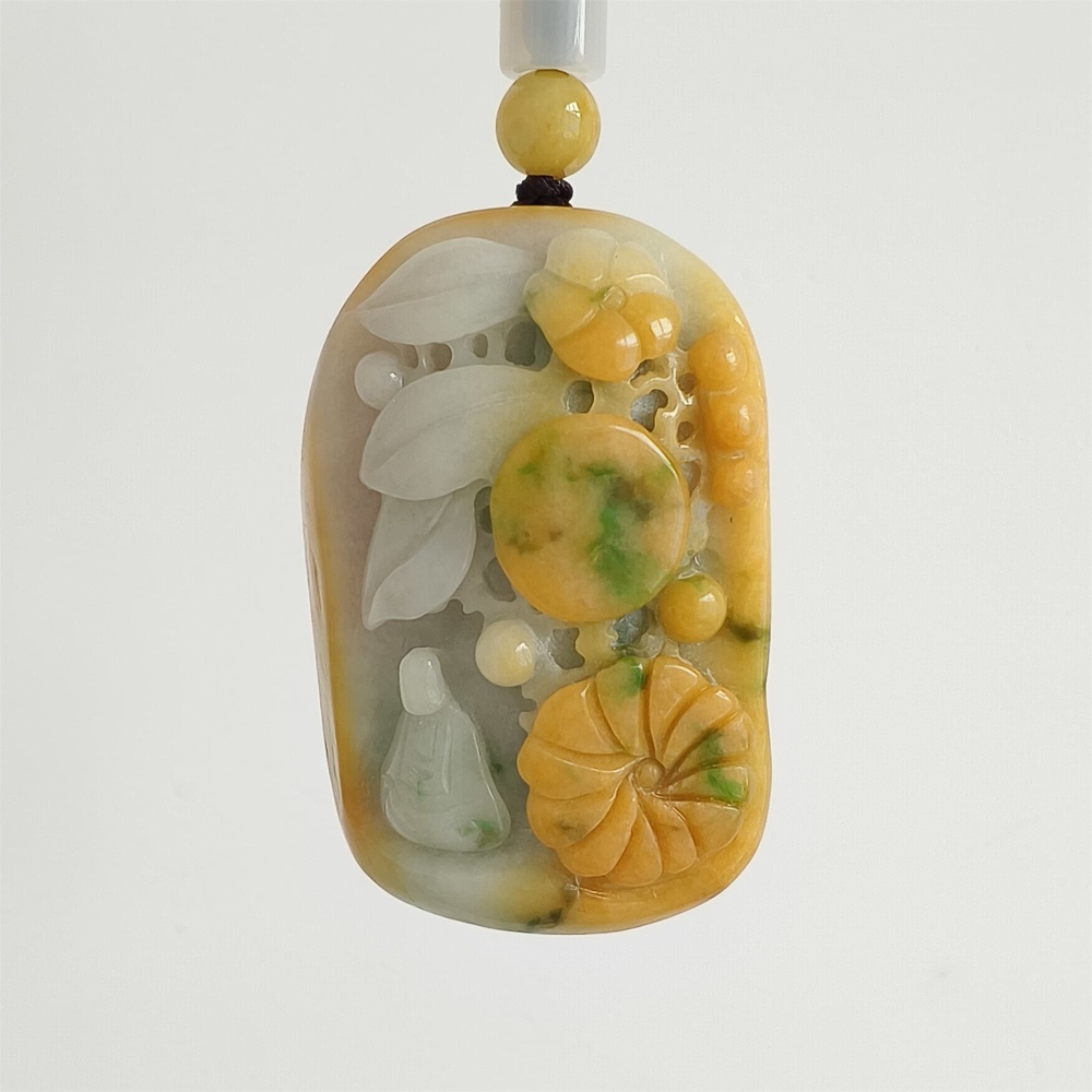 DDP | Unique Certificated Natural Hand Carved Yellow Color Heated 57X40X21mm Burmese Jadeite 悟道 Pendant,Amulet Pendant,DIY Jewelry Supplies
