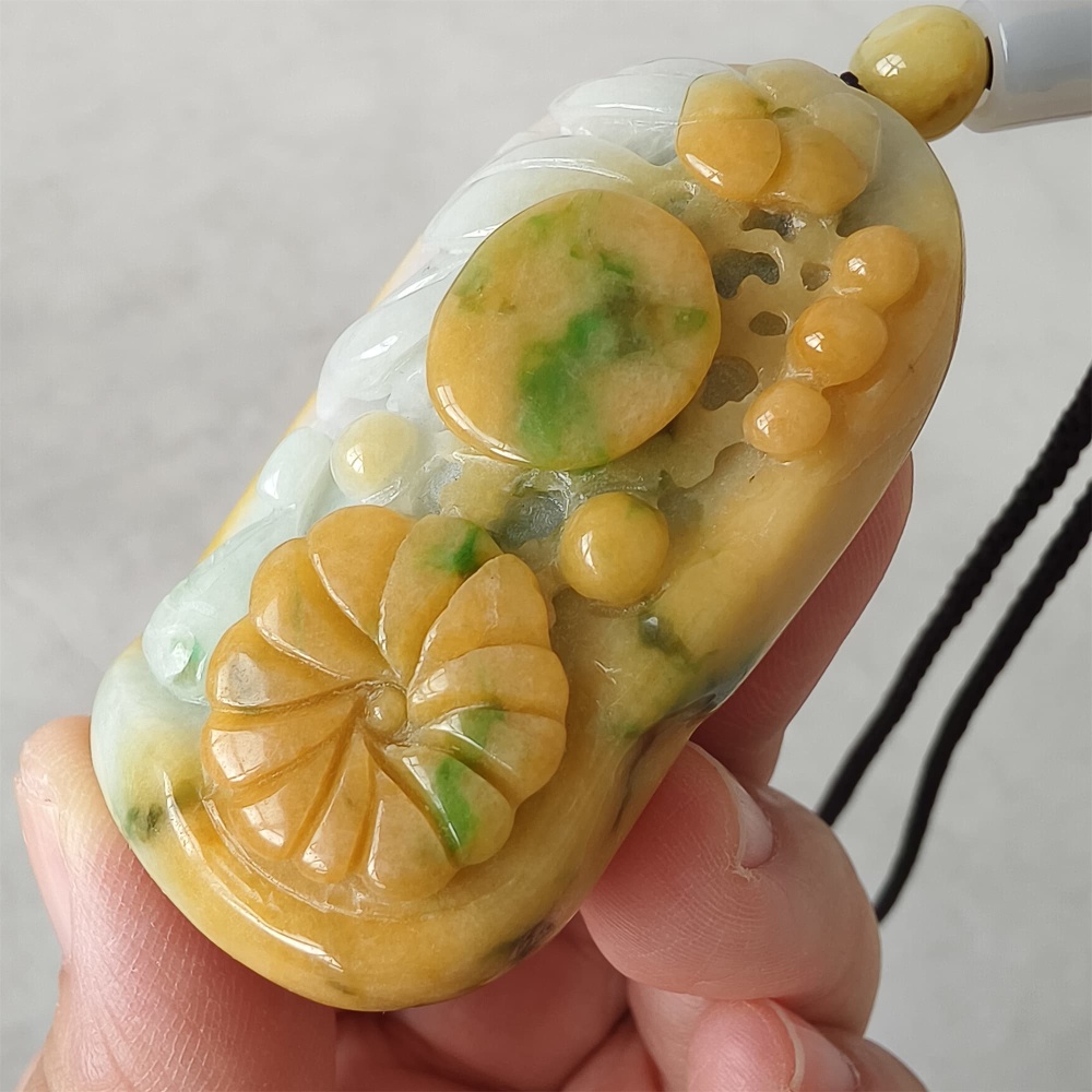 DDP | Unique Certificated Natural Hand Carved Yellow Color Heated 57X40X21mm Burmese Jadeite 悟道 Pendant,Amulet Pendant,DIY Jewelry Supplies