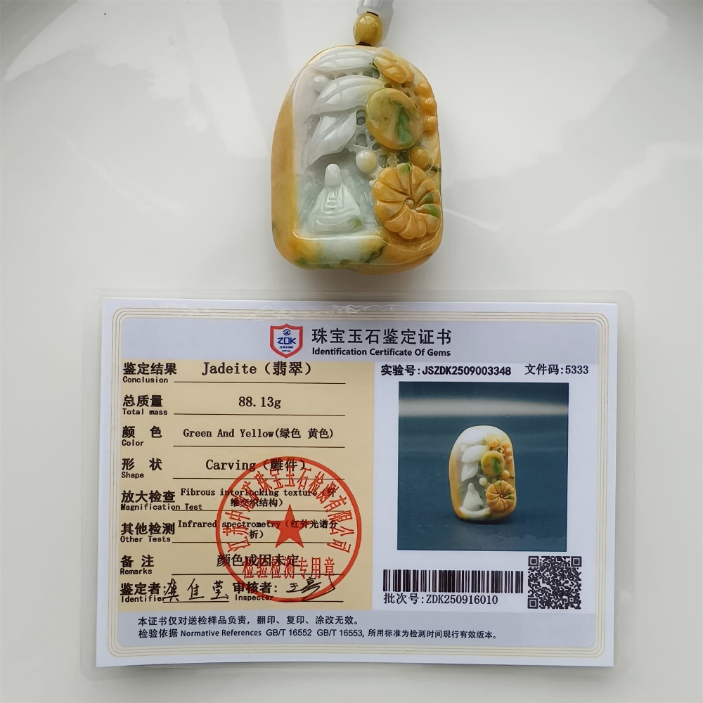 DDP | Unique Certificated Natural Hand Carved Yellow Color Heated 57X40X21mm Burmese Jadeite 悟道 Pendant,Amulet Pendant,DIY Jewelry Supplies
