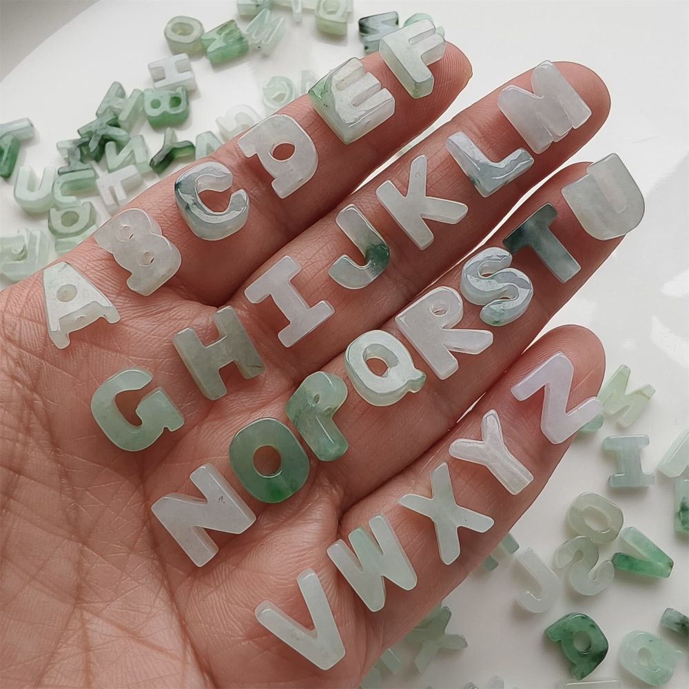 DDP | Natural Certificated Type A 9.5-10mm Green White Watery Burmese Jadeite 26 English letters Beads,Burma Jadeite Loose Beads,DIY Jewelry Supplies