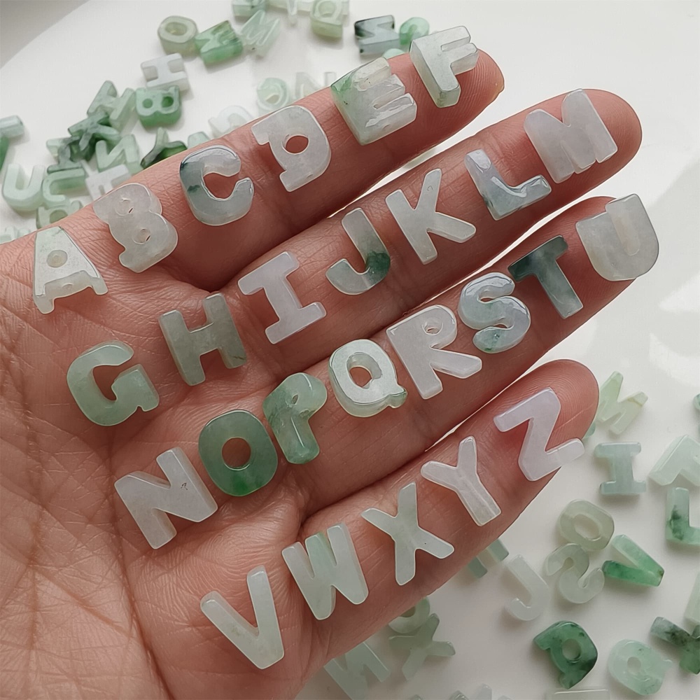 DDP | Natural Certificated Type A 9.5-10mm Green White Watery Burmese Jadeite 26 English letters Beads,Burma Jadeite Loose Beads,DIY Jewelry Supplies