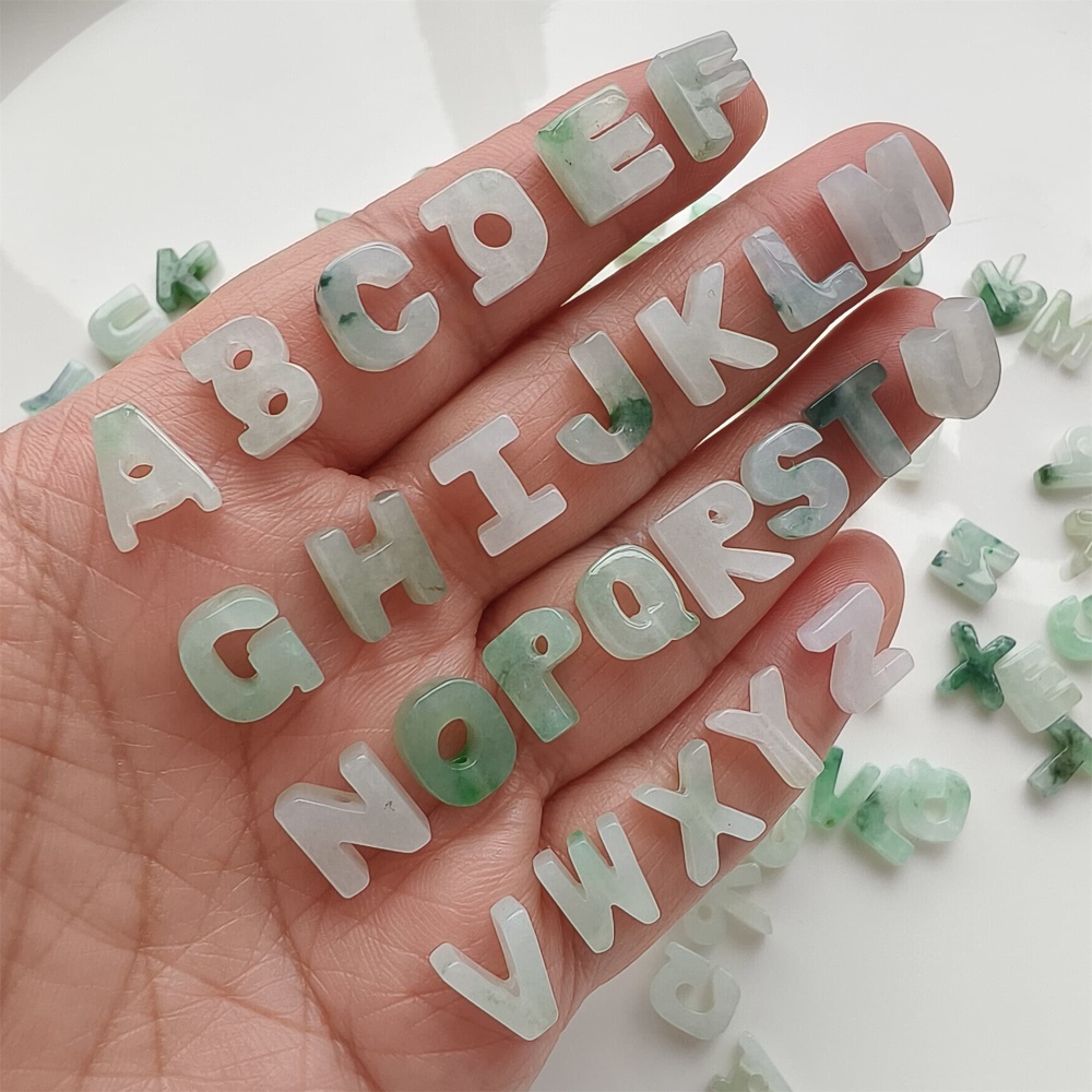 DDP | Natural Certificated Type A 9.5-10mm Green White Watery Burmese Jadeite 26 English letters Beads,Burma Jadeite Loose Beads,DIY Jewelry Supplies