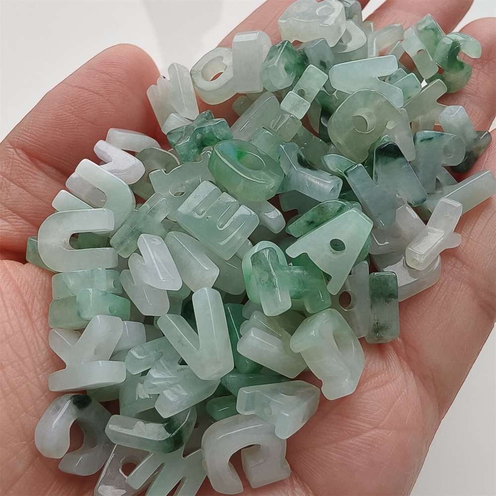 DDP | Natural Certificated Type A 9.5-10mm Green White Watery Burmese Jadeite 26 English letters Beads,Burma Jadeite Loose Beads,DIY Jewelry Supplies