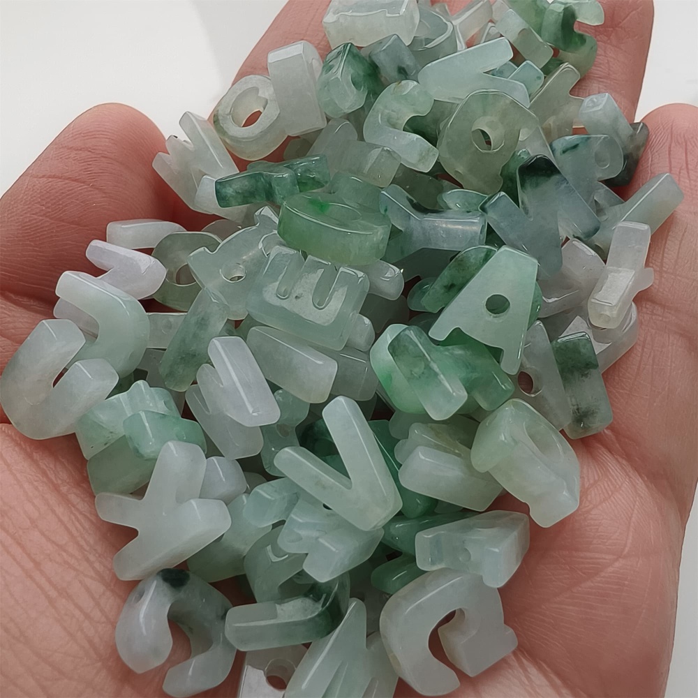 DDP | Natural Certificated Type A 9.5-10mm Green White Watery Burmese Jadeite 26 English letters Beads,Burma Jadeite Loose Beads,DIY Jewelry Supplies