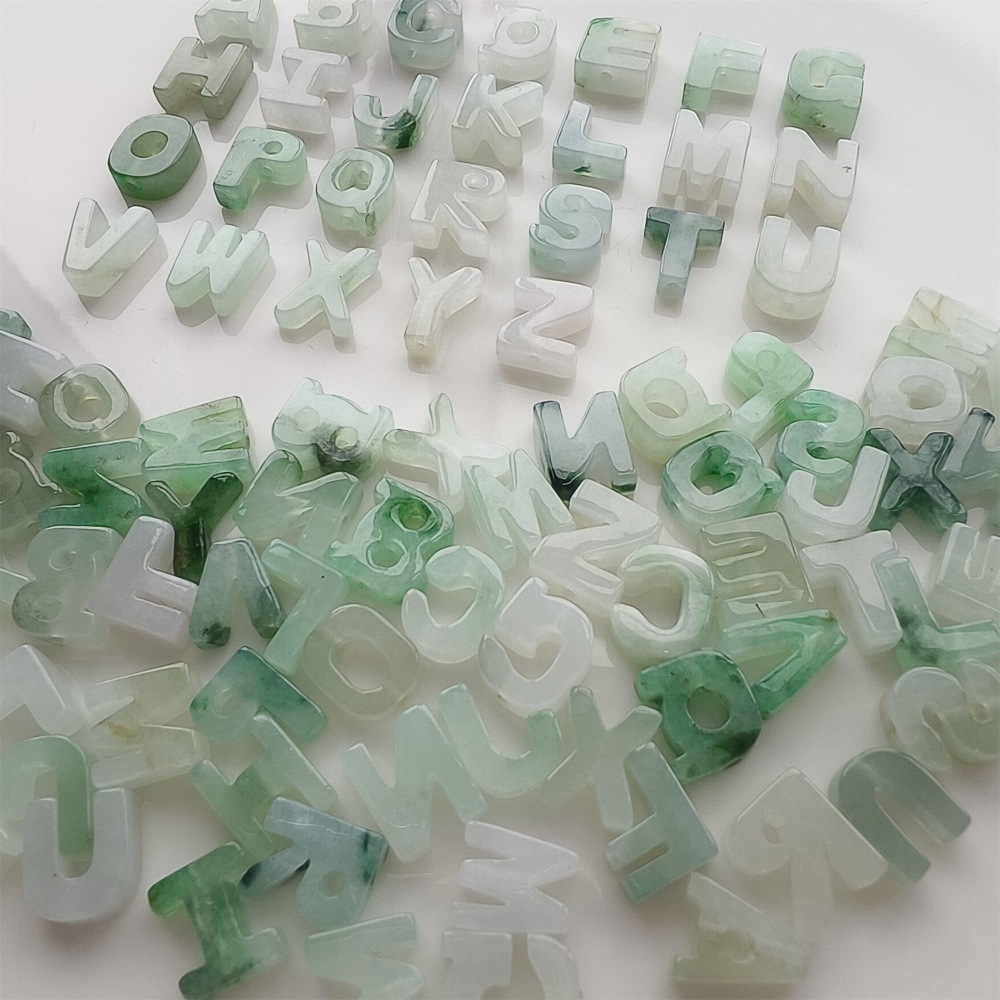 DDP | Natural Certificated Type A 9.5-10mm Green White Watery Burmese Jadeite 26 English letters Beads,Burma Jadeite Loose Beads,DIY Jewelry Supplies