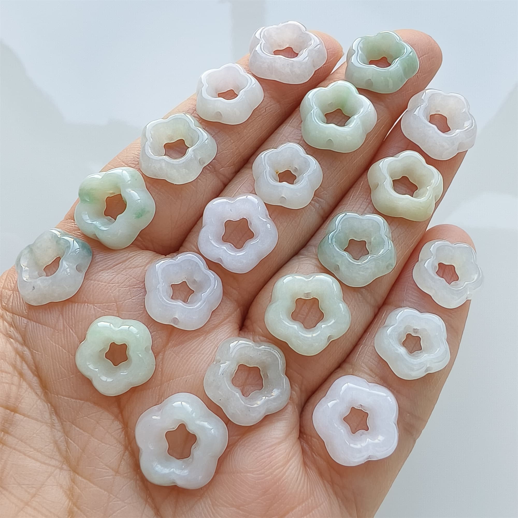 DDP | 5pcs 12-13.5mm Natural Certificated Type A Green White Jadeite Flower Beads,Burma Jadeite Loose Flower Beads,DIY Jewelry Supplies