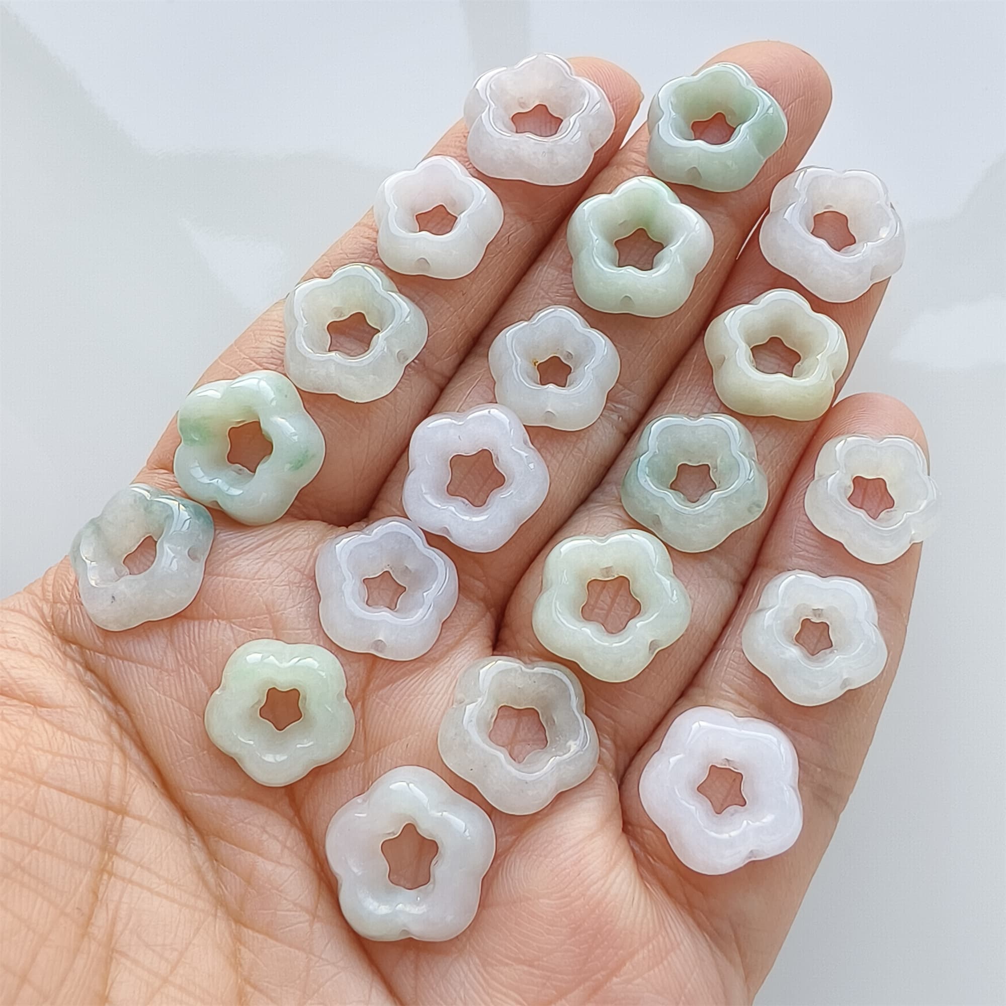 DDP | 5pcs 12-13.5mm Natural Certificated Type A Green White Jadeite Flower Beads,Burma Jadeite Loose Flower Beads,DIY Jewelry Supplies