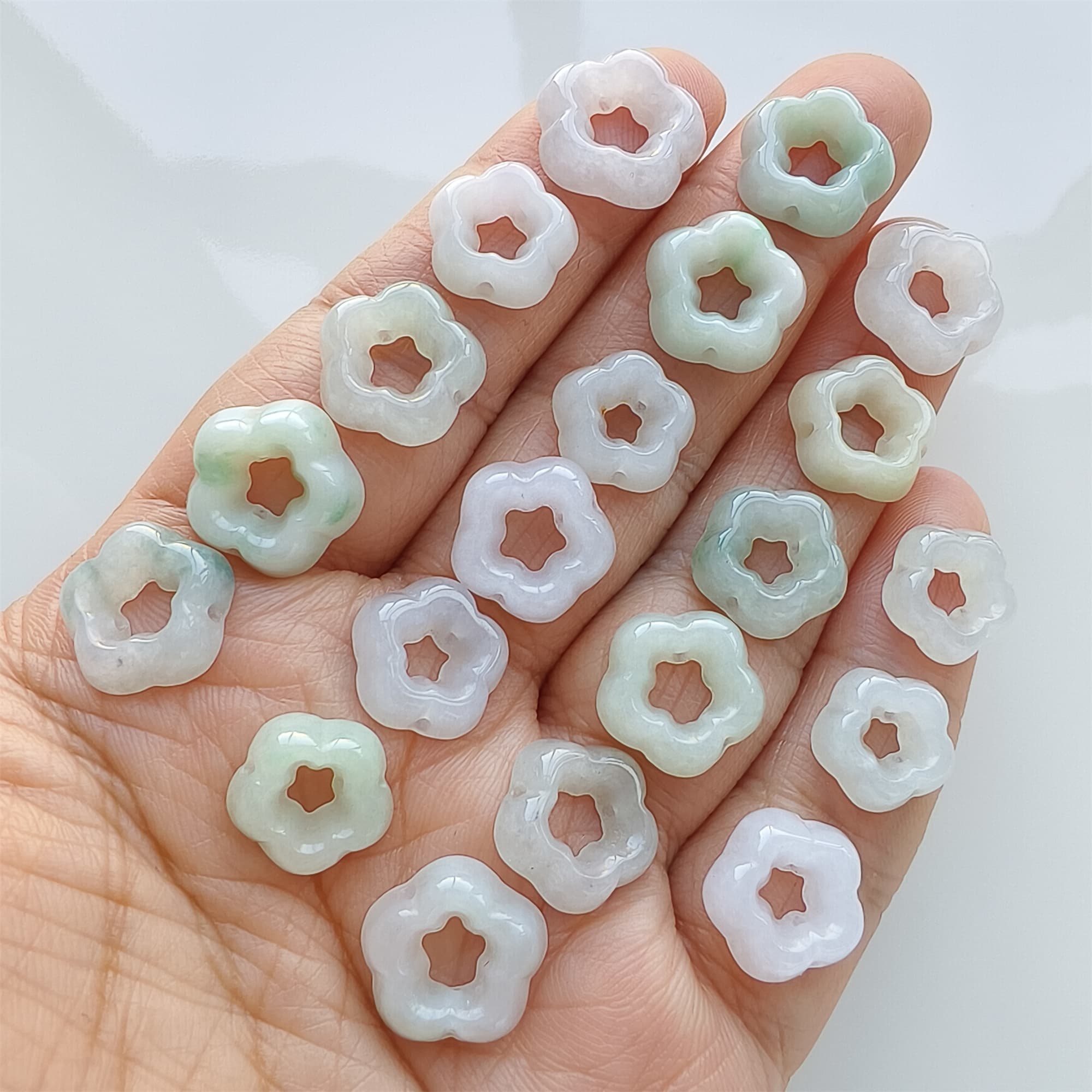 DDP | 5pcs 12-13.5mm Natural Certificated Type A Green White Jadeite Flower Beads,Burma Jadeite Loose Flower Beads,DIY Jewelry Supplies