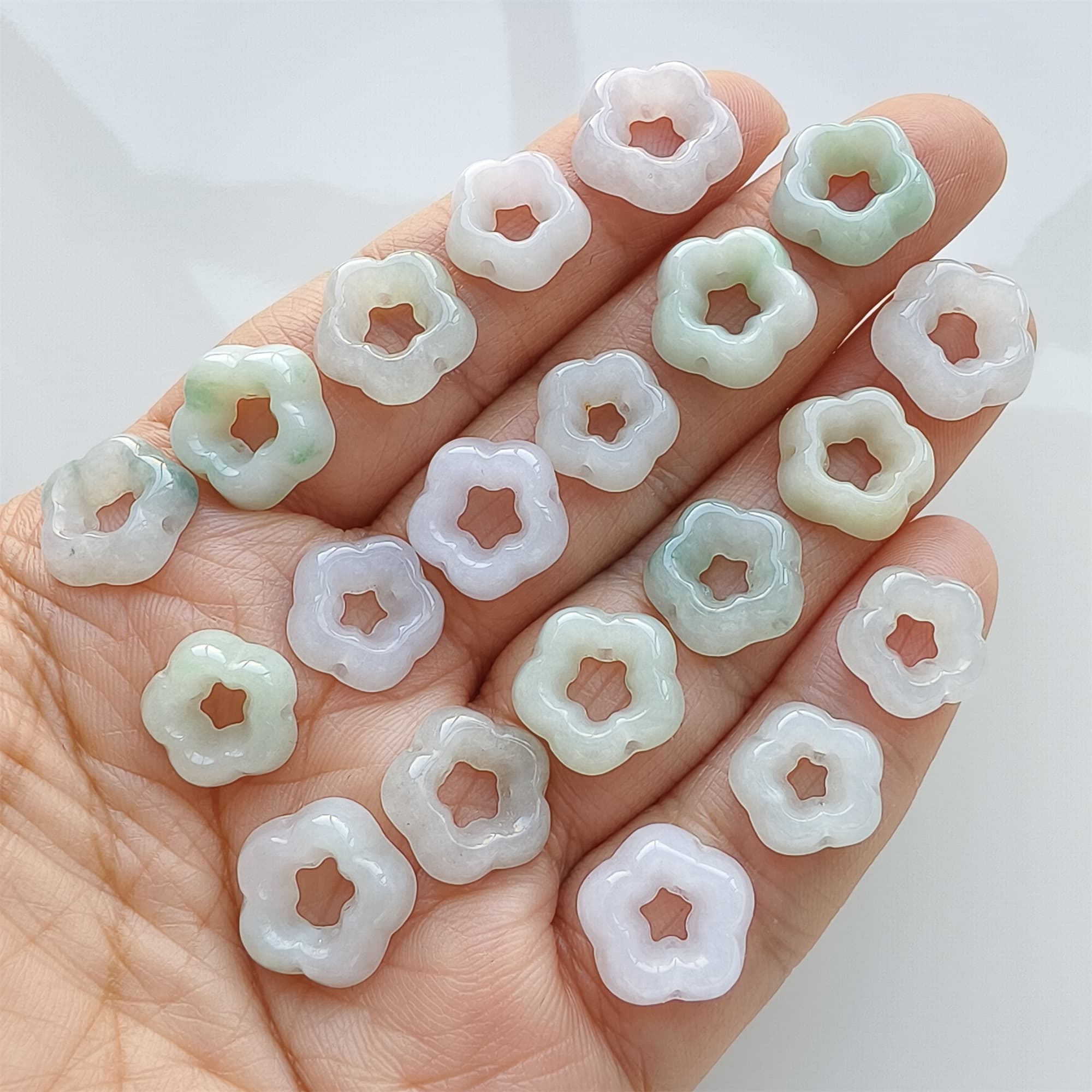 DDP | 5pcs 12-13.5mm Natural Certificated Type A Green White Jadeite Flower Beads,Burma Jadeite Loose Flower Beads,DIY Jewelry Supplies