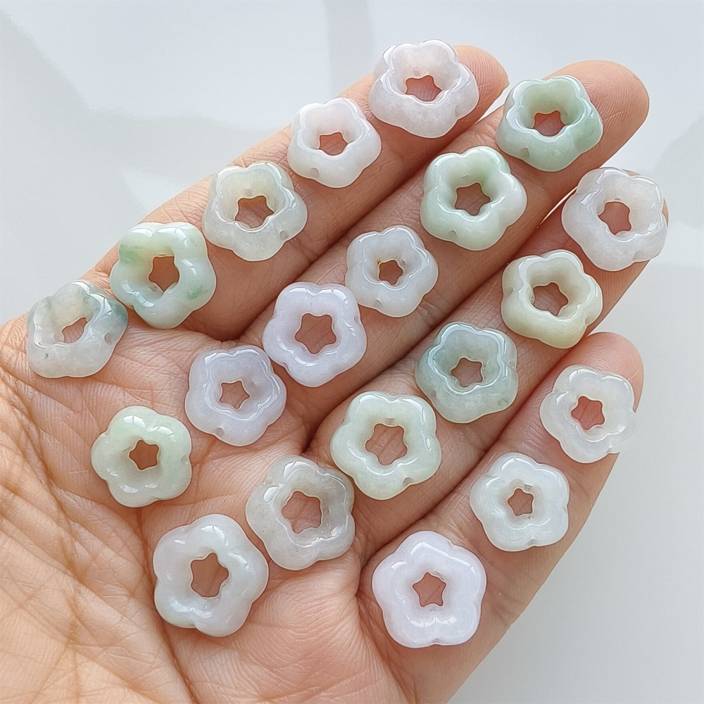 DDP | 5pcs 12-13.5mm Natural Certificated Type A Green White Jadeite Flower Beads,Burma Jadeite Loose Flower Beads,DIY Jewelry Supplies