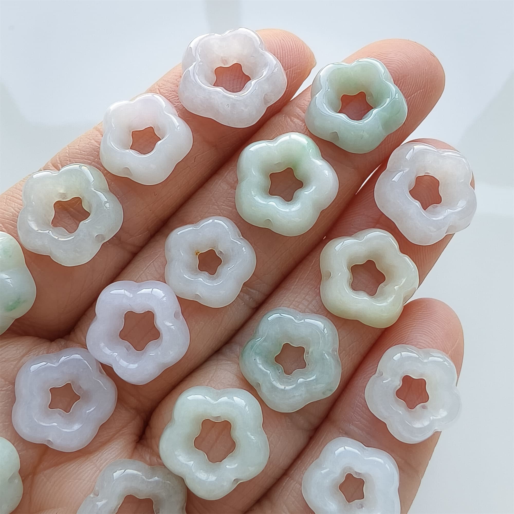 DDP | 5pcs 12-13.5mm Natural Certificated Type A Green White Jadeite Flower Beads,Burma Jadeite Loose Flower Beads,DIY Jewelry Supplies