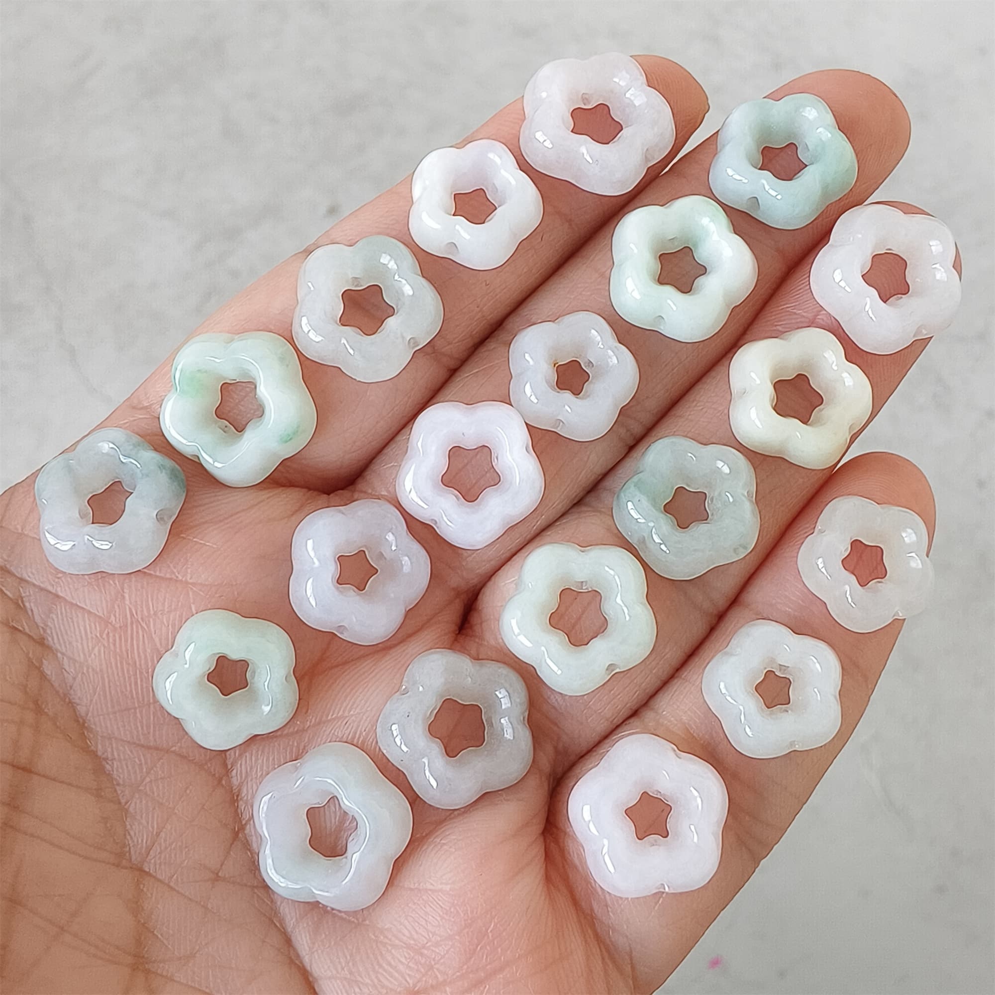 DDP | 5pcs 12-13.5mm Natural Certificated Type A Green White Jadeite Flower Beads,Burma Jadeite Loose Flower Beads,DIY Jewelry Supplies