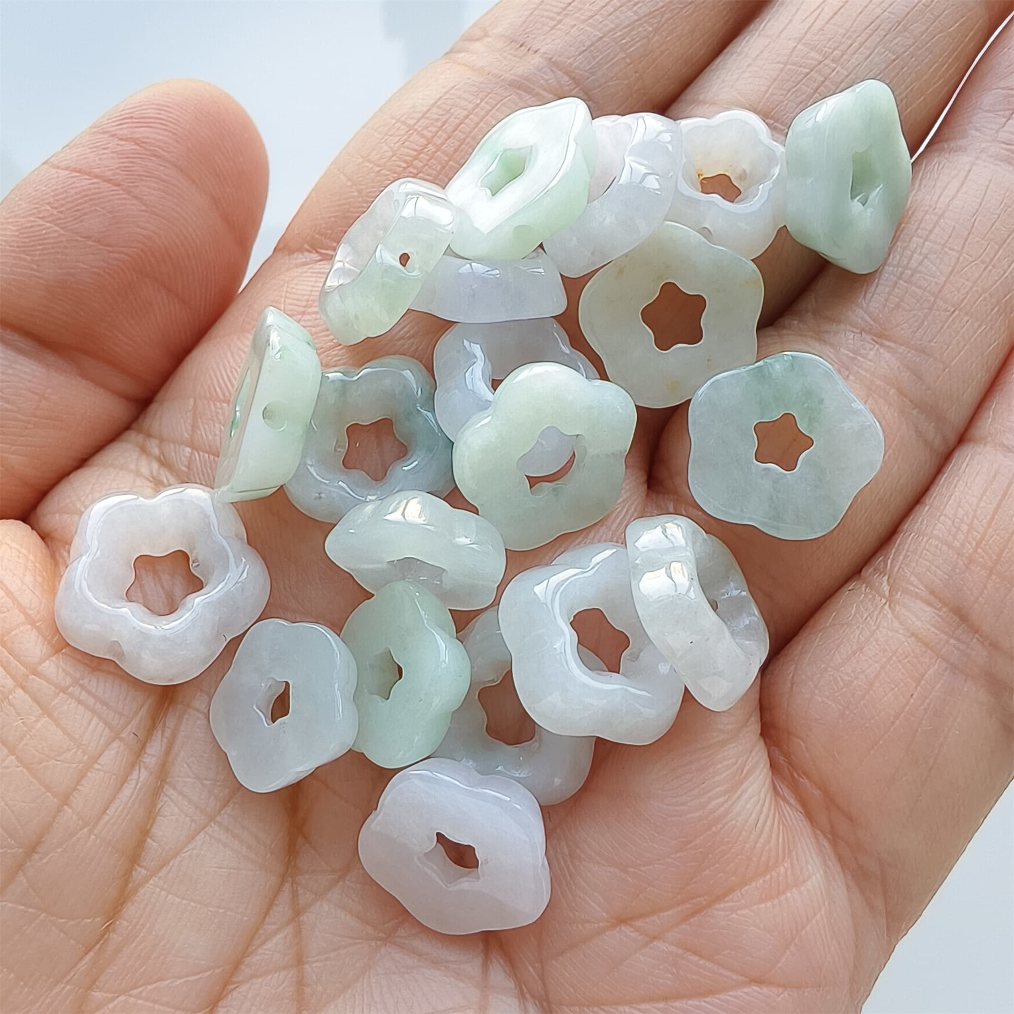 DDP | 5pcs 12-13.5mm Natural Certificated Type A Green White Jadeite Flower Beads,Burma Jadeite Loose Flower Beads,DIY Jewelry Supplies