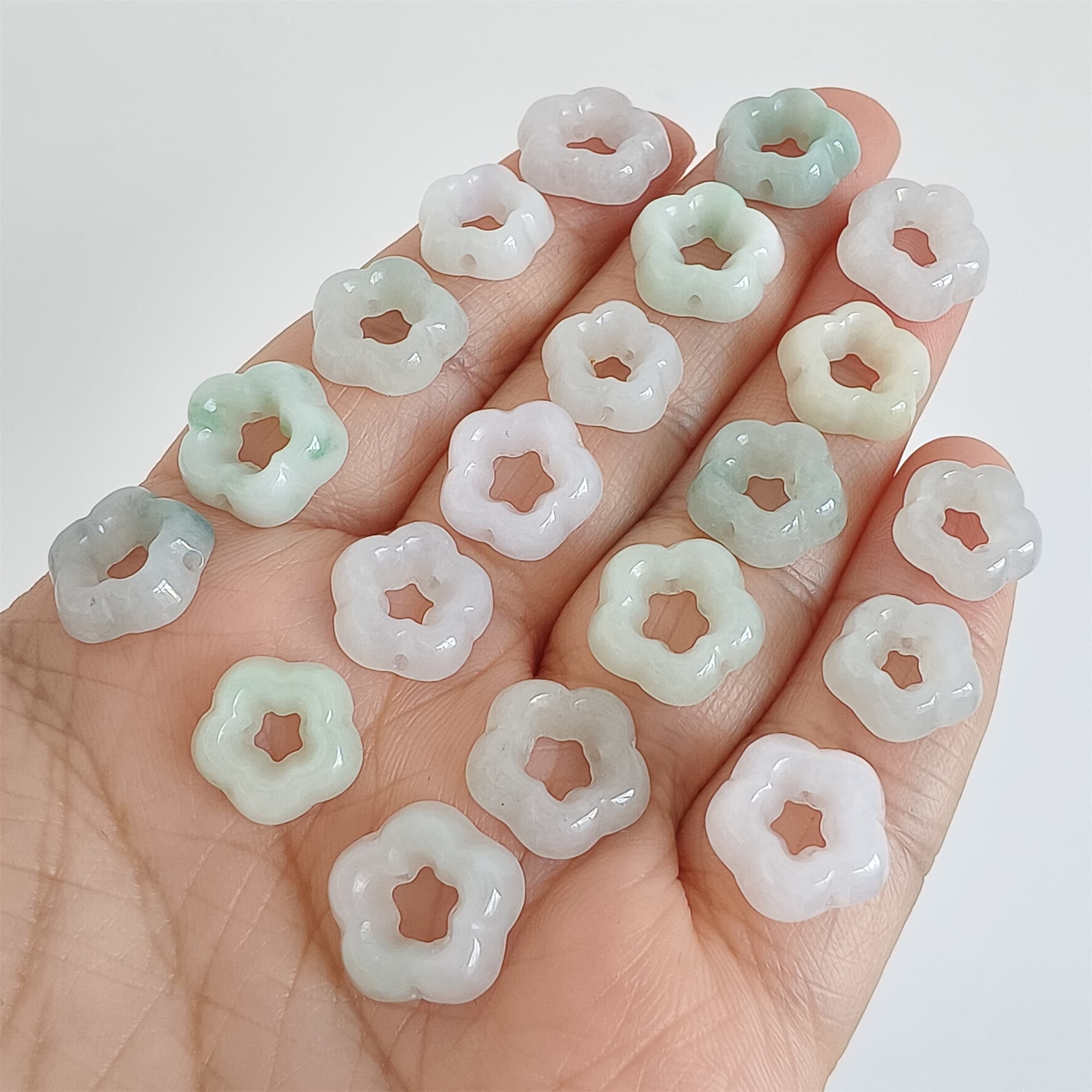 DDP | 5pcs 12-13.5mm Natural Certificated Type A Green White Jadeite Flower Beads,Burma Jadeite Loose Flower Beads,DIY Jewelry Supplies