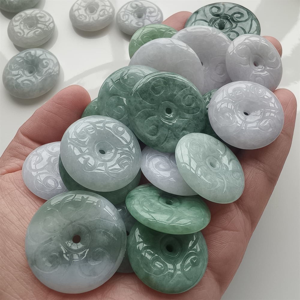 DDP | 2pcs Natural Certificated Type A 24.2-32X3.6-6.3mm Green White Burmese Jadeite Safety Buckle Beads With Flower Carved,Burma Jade Loose Beads,DIY Jewelry Supplies