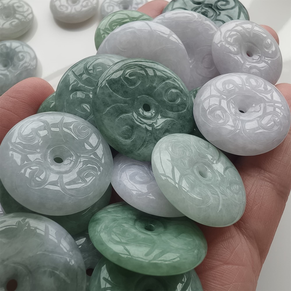 DDP | 2pcs Natural Certificated Type A 24.2-32X3.6-6.3mm Green White Burmese Jadeite Safety Buckle Beads With Flower Carved,Burma Jade Loose Beads,DIY Jewelry Supplies