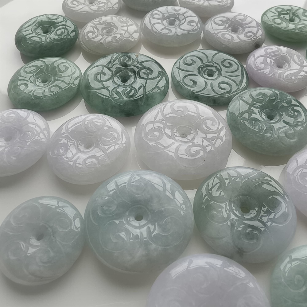 DDP | 2pcs Natural Certificated Type A 24.2-32X3.6-6.3mm Green White Burmese Jadeite Safety Buckle Beads With Flower Carved,Burma Jade Loose Beads,DIY Jewelry Supplies