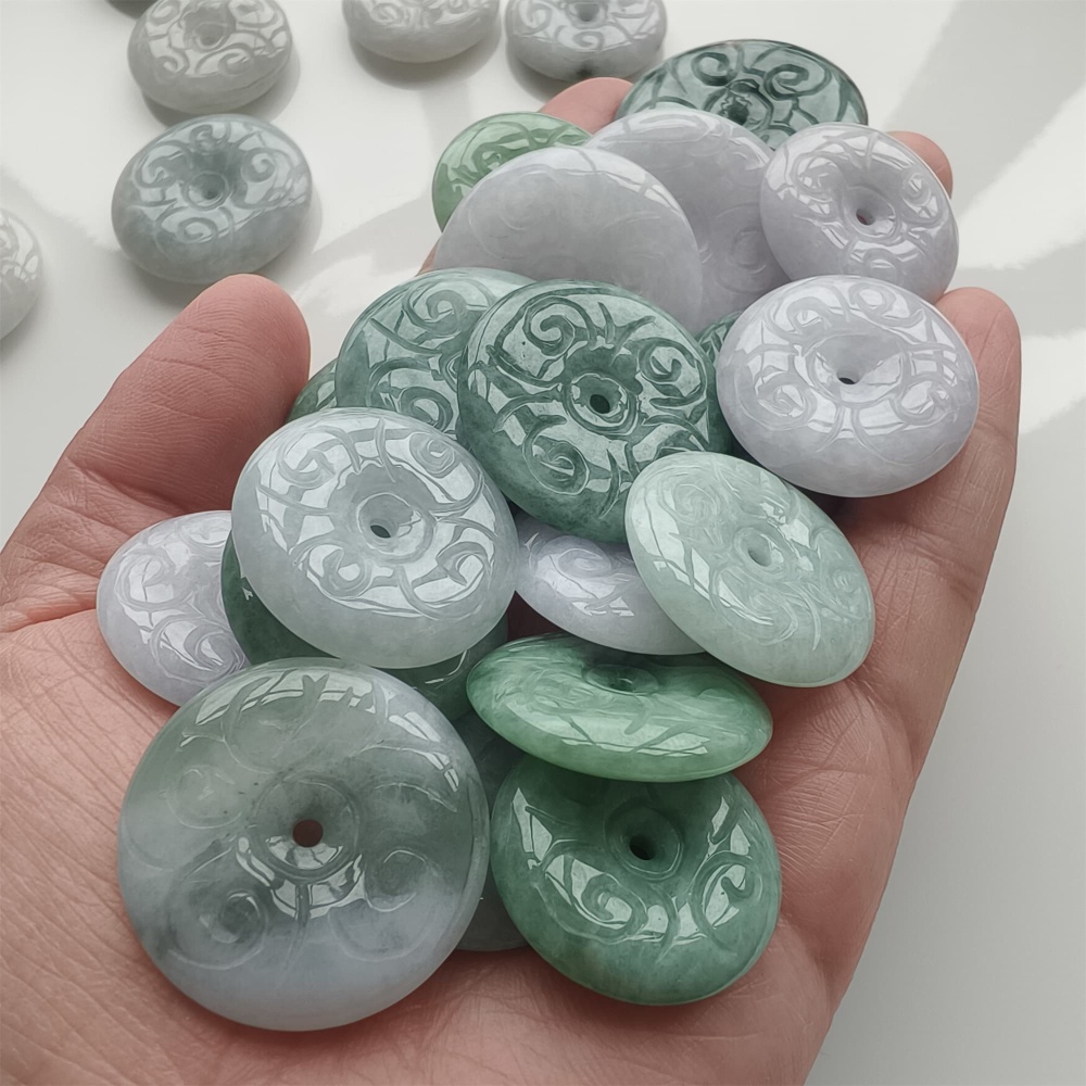 DDP | 2pcs Natural Certificated Type A 24.2-32X3.6-6.3mm Green White Burmese Jadeite Safety Buckle Beads With Flower Carved,Burma Jade Loose Beads,DIY Jewelry Supplies