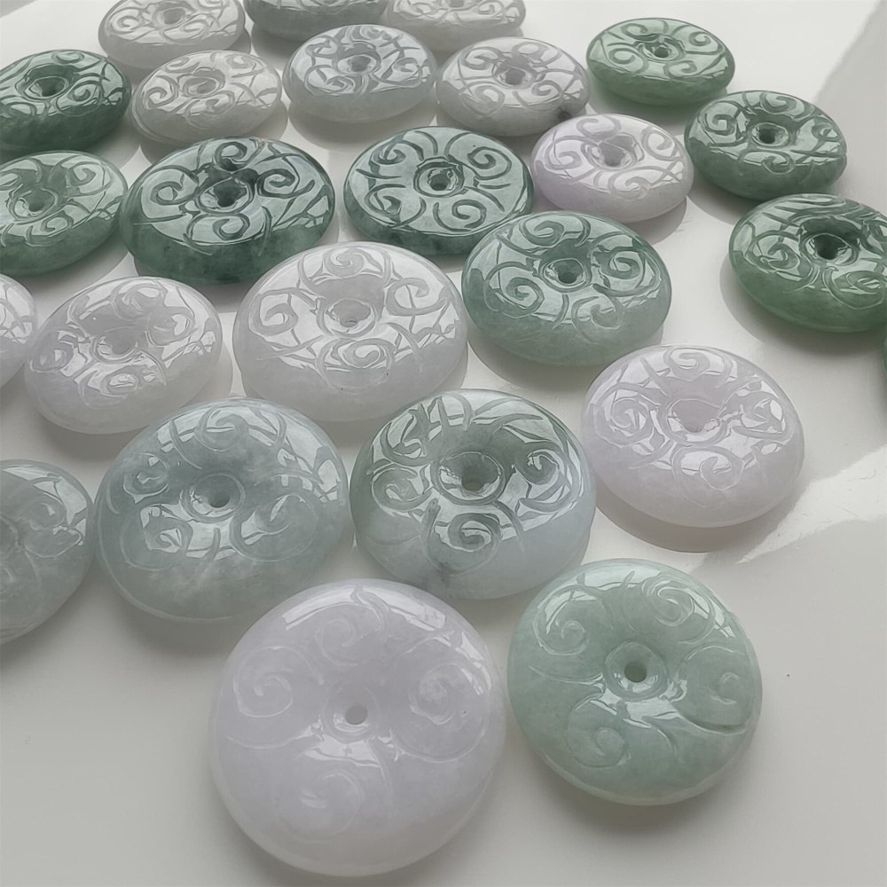 DDP | 2pcs Natural Certificated Type A 24.2-32X3.6-6.3mm Green White Burmese Jadeite Safety Buckle Beads With Flower Carved,Burma Jade Loose Beads,DIY Jewelry Supplies