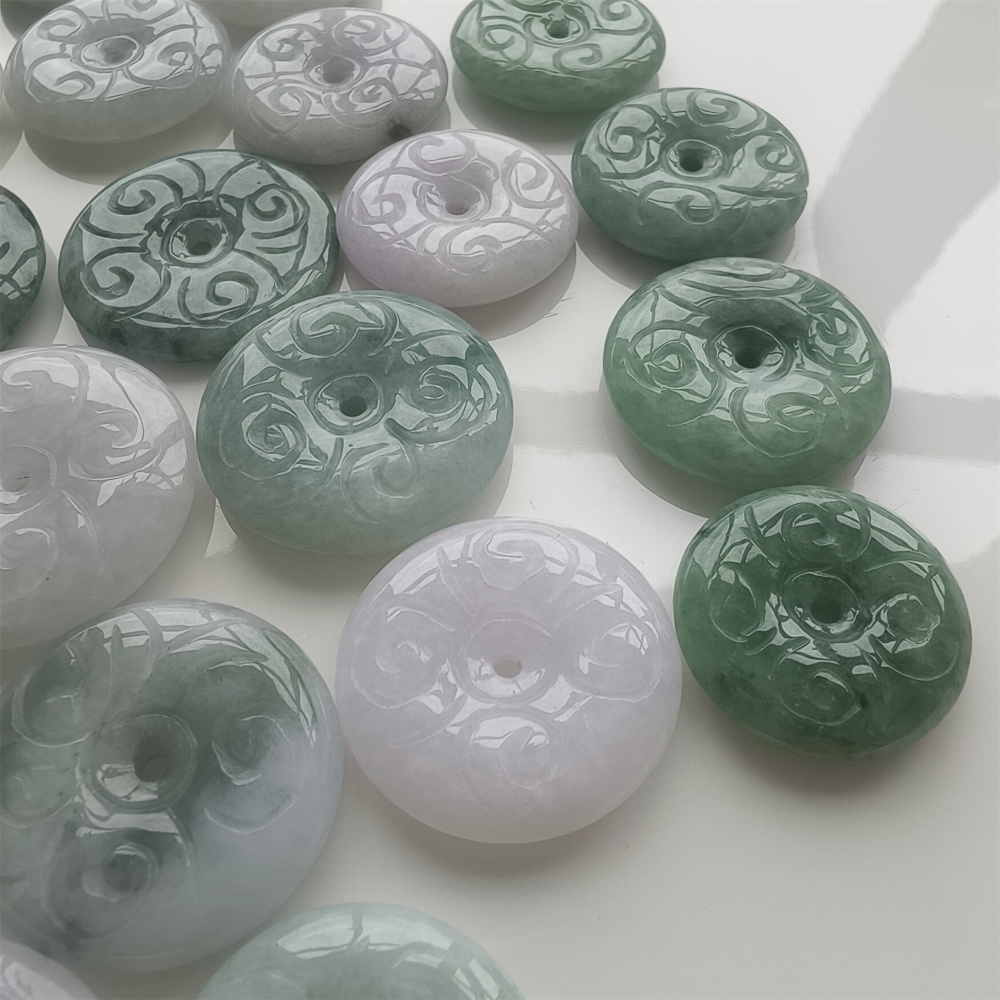 DDP | 2pcs Natural Certificated Type A 24.2-32X3.6-6.3mm Green White Burmese Jadeite Safety Buckle Beads With Flower Carved,Burma Jade Loose Beads,DIY Jewelry Supplies