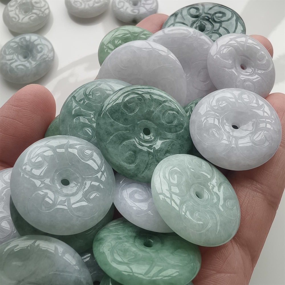 DDP | 2pcs Natural Certificated Type A 24.2-32X3.6-6.3mm Green White Burmese Jadeite Safety Buckle Beads With Flower Carved,Burma Jade Loose Beads,DIY Jewelry Supplies