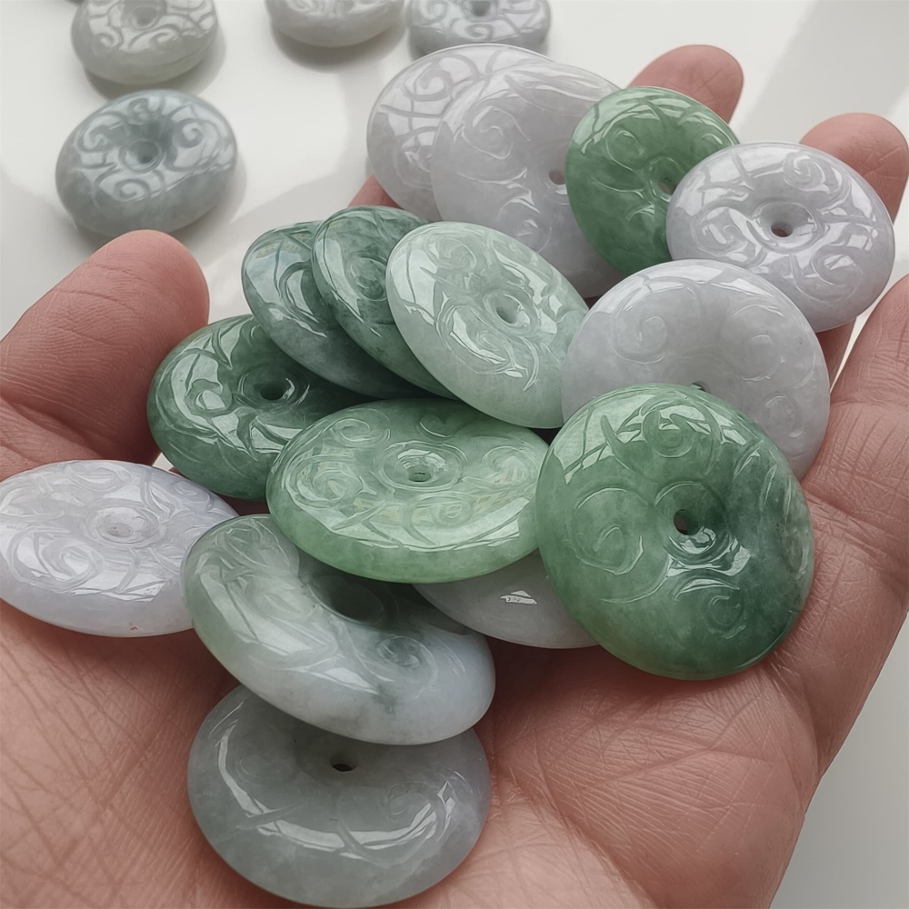 DDP | 2pcs Natural Certificated Type A 24.2-32X3.6-6.3mm Green White Burmese Jadeite Safety Buckle Beads With Flower Carved,Burma Jade Loose Beads,DIY Jewelry Supplies