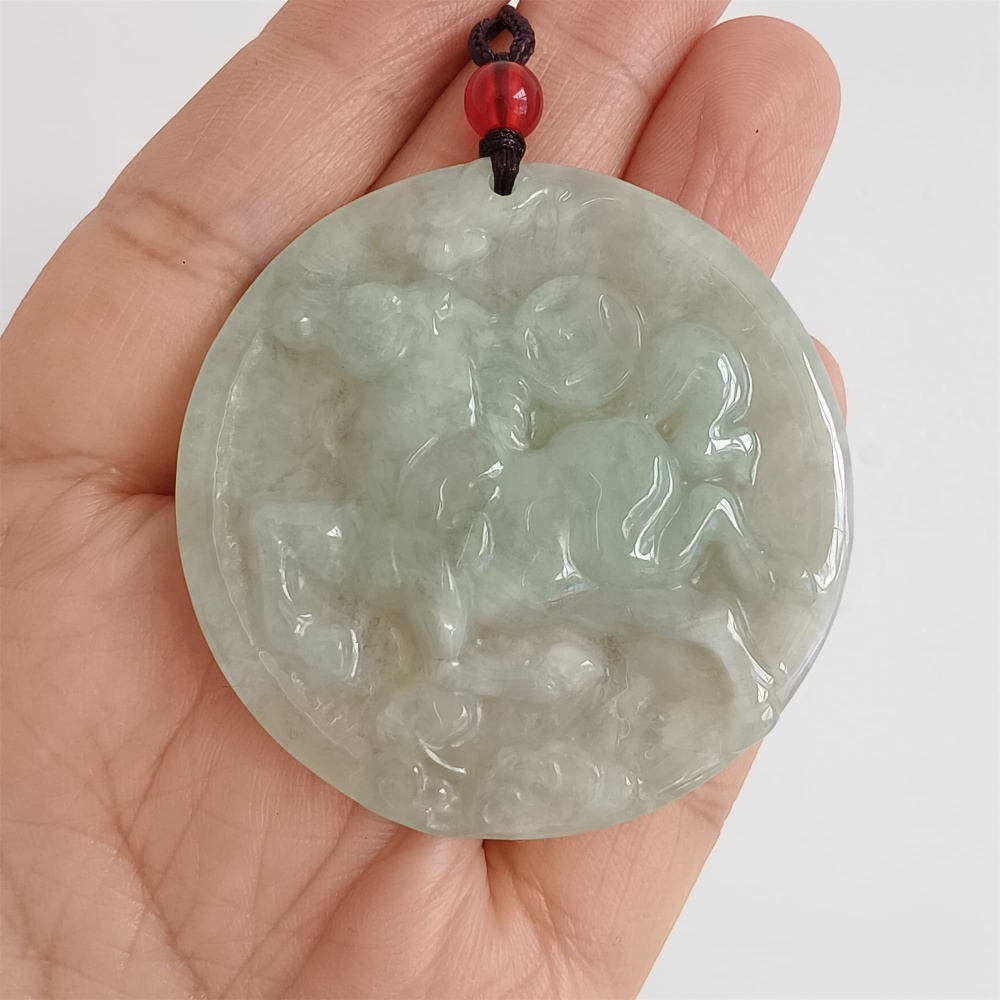 DDP | Natural Certificated Type A 49X5mm Light Green Burmese Jadeite Round Pendant With Horse Carved,DIY Jewelry Supplies