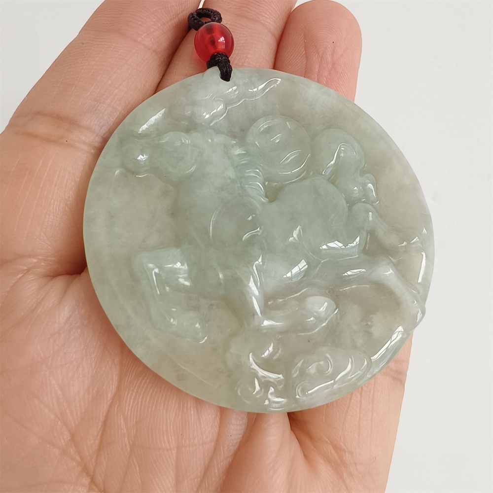 DDP | Natural Certificated Type A 49X5mm Light Green Burmese Jadeite Round Pendant With Horse Carved,DIY Jewelry Supplies