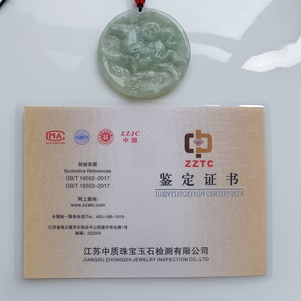 DDP | Natural Certificated Type A 49X5mm Light Green Burmese Jadeite Round Pendant With Horse Carved,DIY Jewelry Supplies
