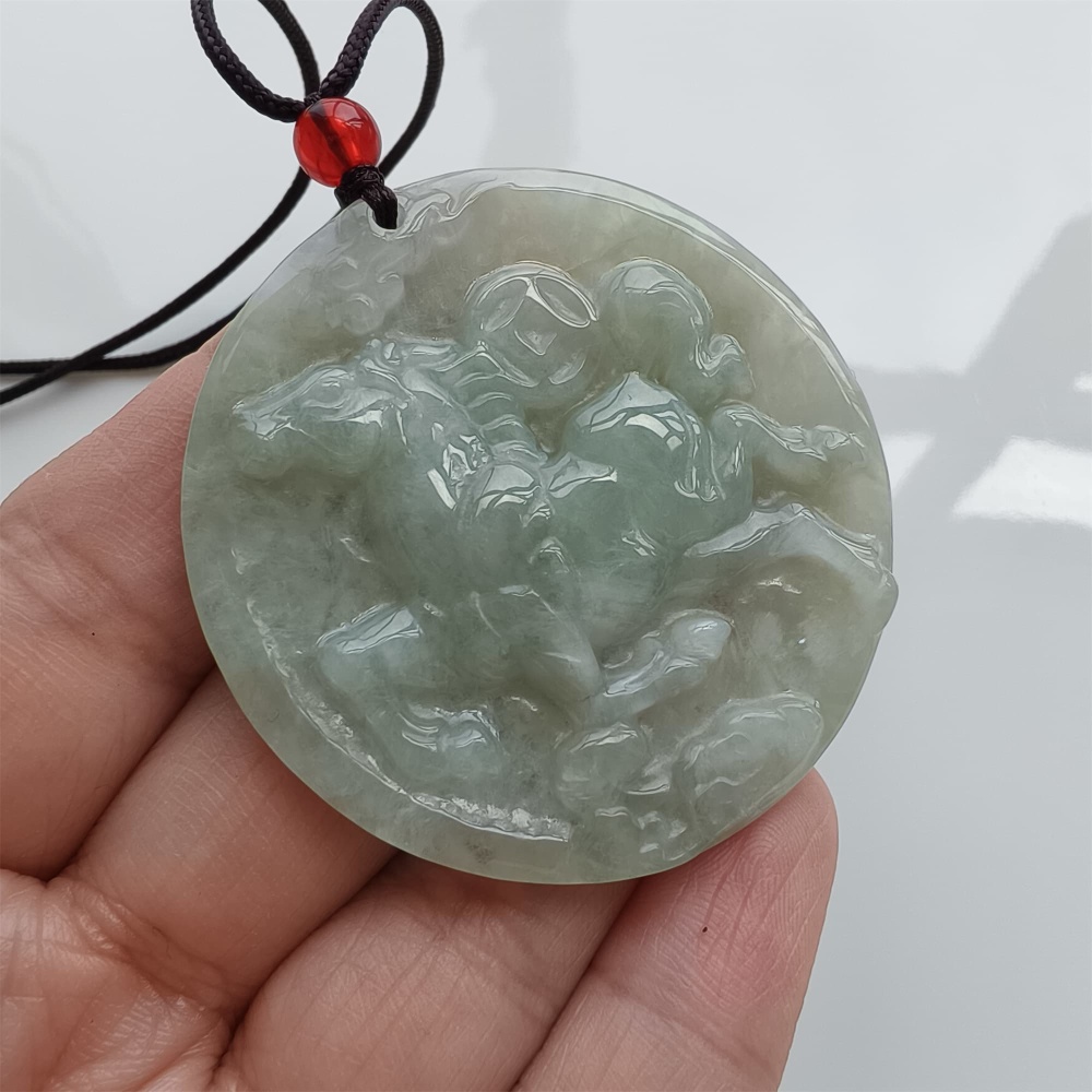 DDP | Natural Certificated Type A 49X5mm Light Green Burmese Jadeite Round Pendant With Horse Carved,DIY Jewelry Supplies