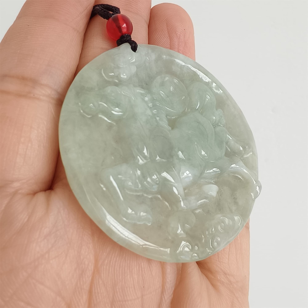 DDP | Natural Certificated Type A 49X5mm Light Green Burmese Jadeite Round Pendant With Horse Carved,DIY Jewelry Supplies
