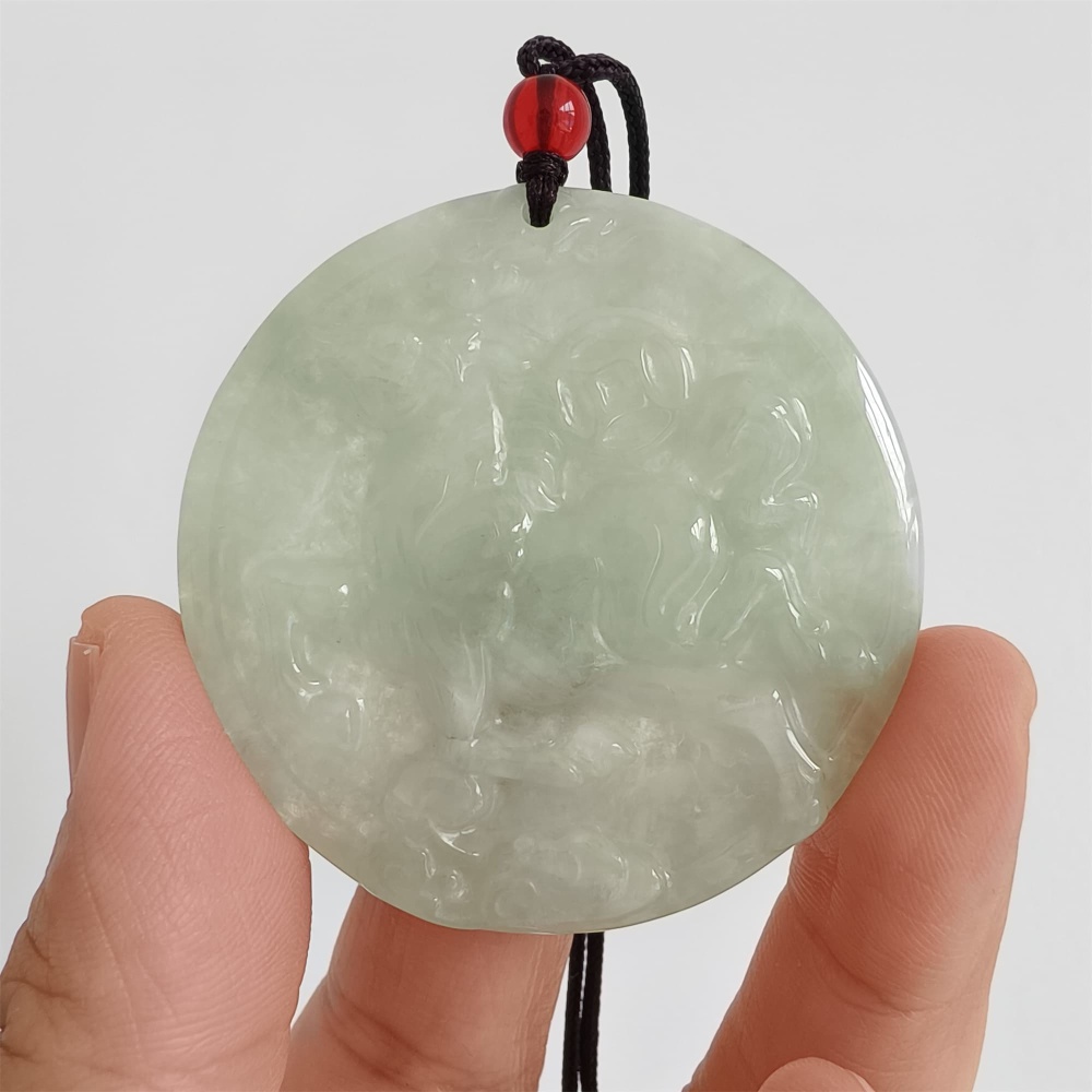 DDP | Natural Certificated Type A 49X5mm Light Green Burmese Jadeite Round Pendant With Horse Carved,DIY Jewelry Supplies