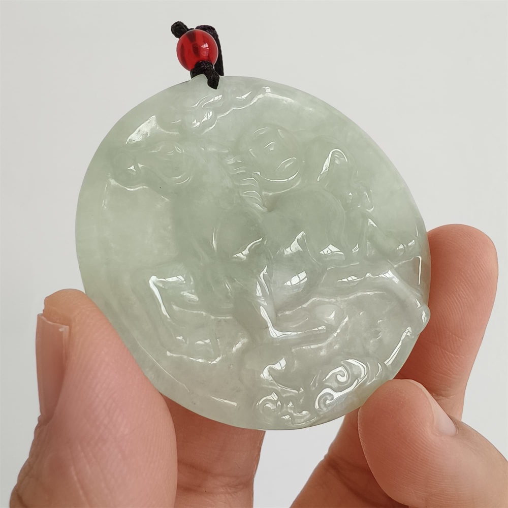 DDP | Natural Certificated Type A 49X5mm Light Green Burmese Jadeite Round Pendant With Horse Carved,DIY Jewelry Supplies