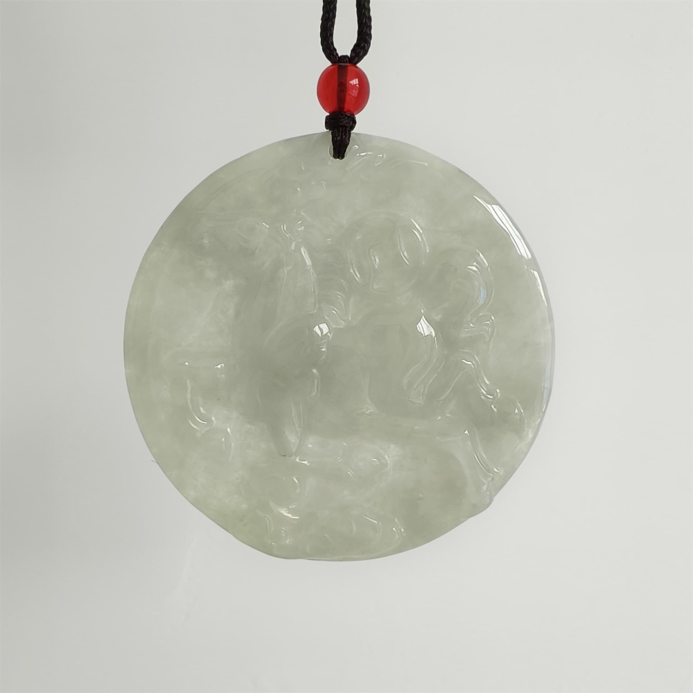 DDP | Natural Certificated Type A 49X5mm Light Green Burmese Jadeite Round Pendant With Horse Carved,DIY Jewelry Supplies