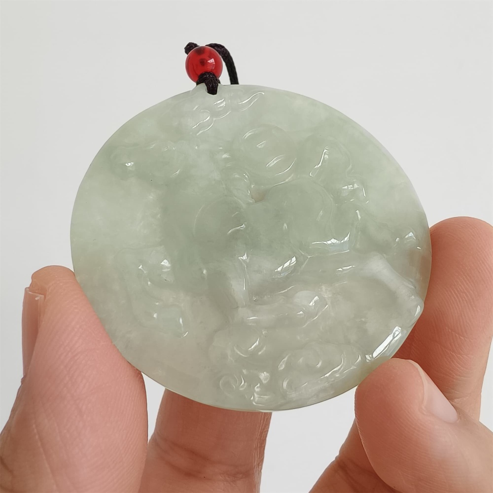 DDP | Natural Certificated Type A 49X5mm Light Green Burmese Jadeite Round Pendant With Horse Carved,DIY Jewelry Supplies
