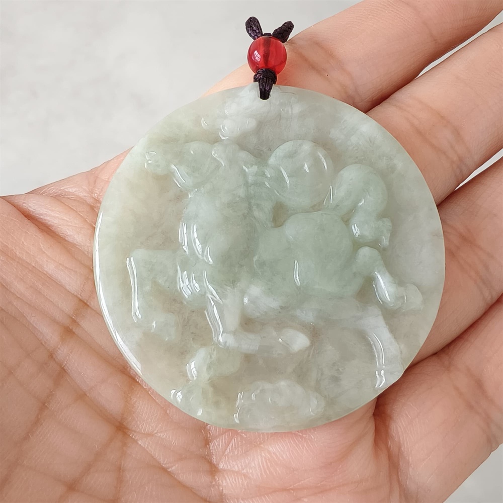 DDP | Natural Certificated Type A 49X5mm Light Green Burmese Jadeite Round Pendant With Horse Carved,DIY Jewelry Supplies