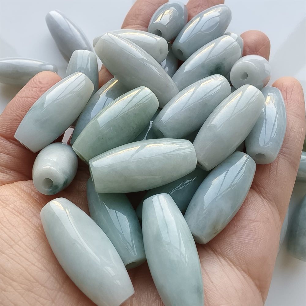 DDP | Natural Certificated Type A 25.8-27X11.8-12.7mm Icy Green White Burmese Jadeite Oval Beads,,DIY Jewelry Supplies