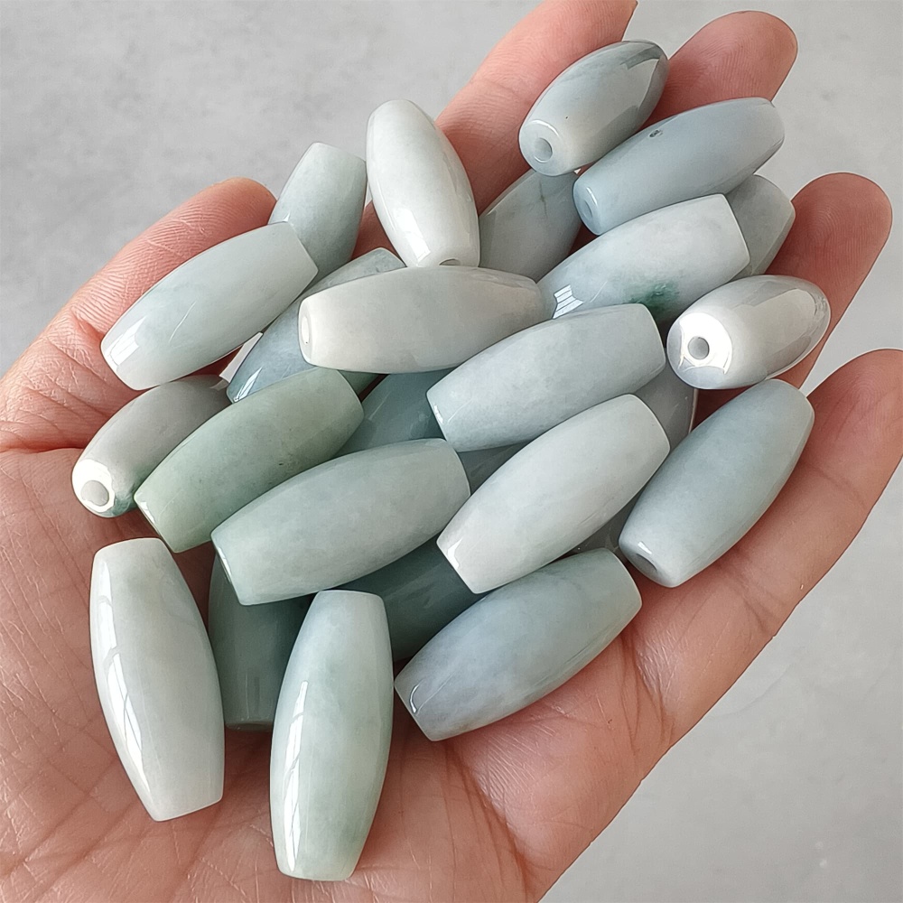 DDP | Natural Certificated Type A 25.8-27X11.8-12.7mm Icy Green White Burmese Jadeite Oval Beads,,DIY Jewelry Supplies