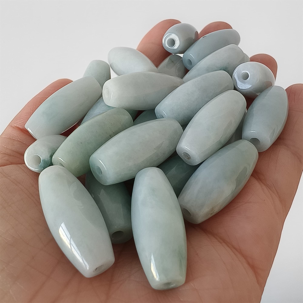 DDP | Natural Certificated Type A 25.8-27X11.8-12.7mm Icy Green White Burmese Jadeite Oval Beads,,DIY Jewelry Supplies