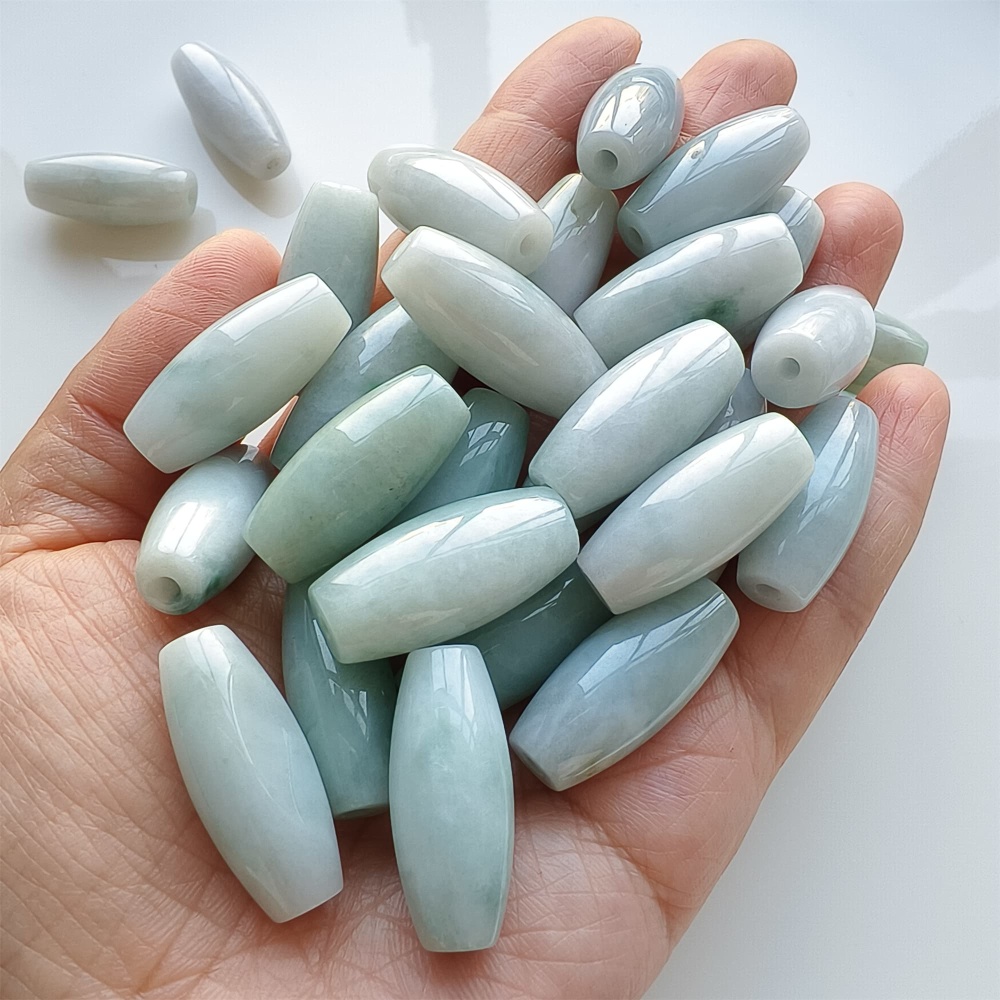 DDP | Natural Certificated Type A 25.8-27X11.8-12.7mm Icy Green White Burmese Jadeite Oval Beads,,DIY Jewelry Supplies