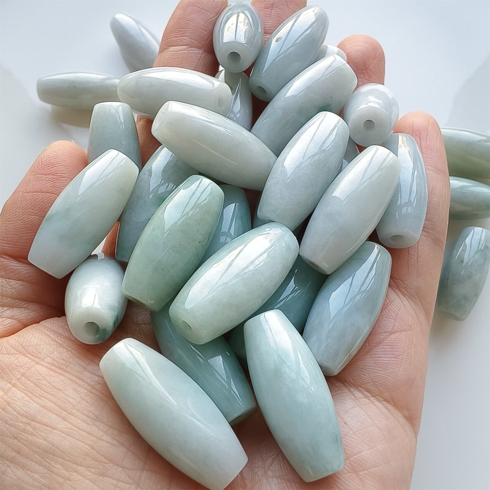 DDP | Natural Certificated Type A 25.8-27X11.8-12.7mm Icy Green White Burmese Jadeite Oval Beads,,DIY Jewelry Supplies