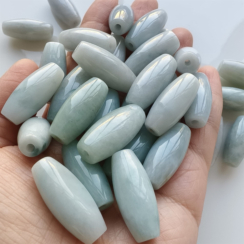 DDP | Natural Certificated Type A 25.8-27X11.8-12.7mm Icy Green White Burmese Jadeite Oval Beads,,DIY Jewelry Supplies