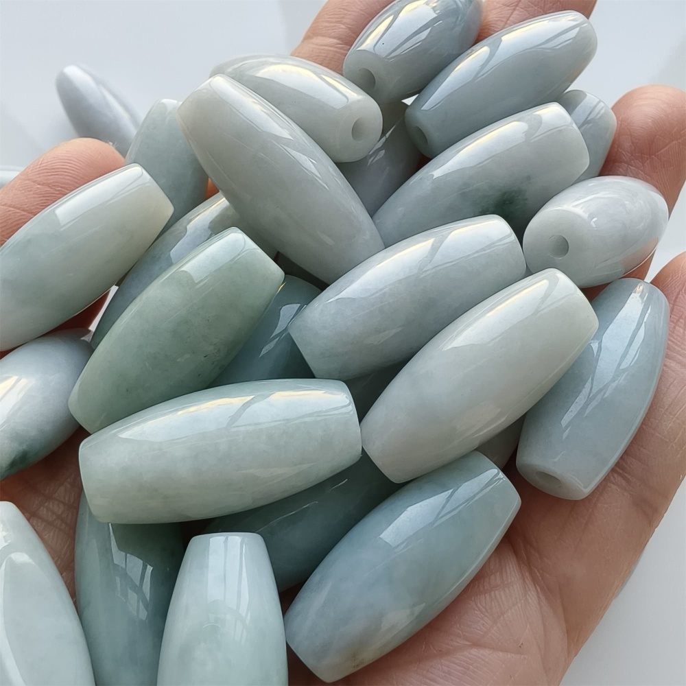 DDP | Natural Certificated Type A 25.8-27X11.8-12.7mm Icy Green White Burmese Jadeite Oval Beads,,DIY Jewelry Supplies
