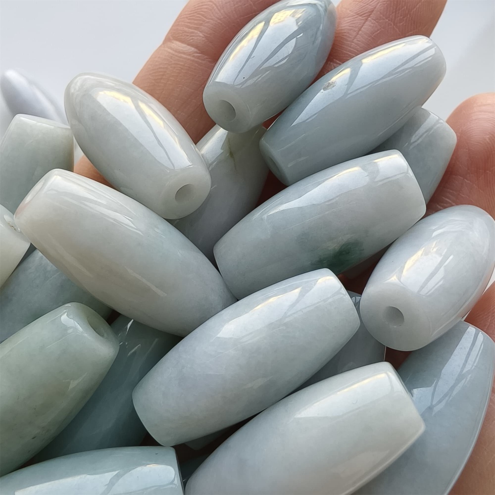 DDP | Natural Certificated Type A 25.8-27X11.8-12.7mm Icy Green White Burmese Jadeite Oval Beads,,DIY Jewelry Supplies