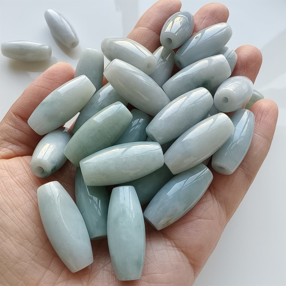 DDP | Natural Certificated Type A 25.8-27X11.8-12.7mm Icy Green White Burmese Jadeite Oval Beads,,DIY Jewelry Supplies