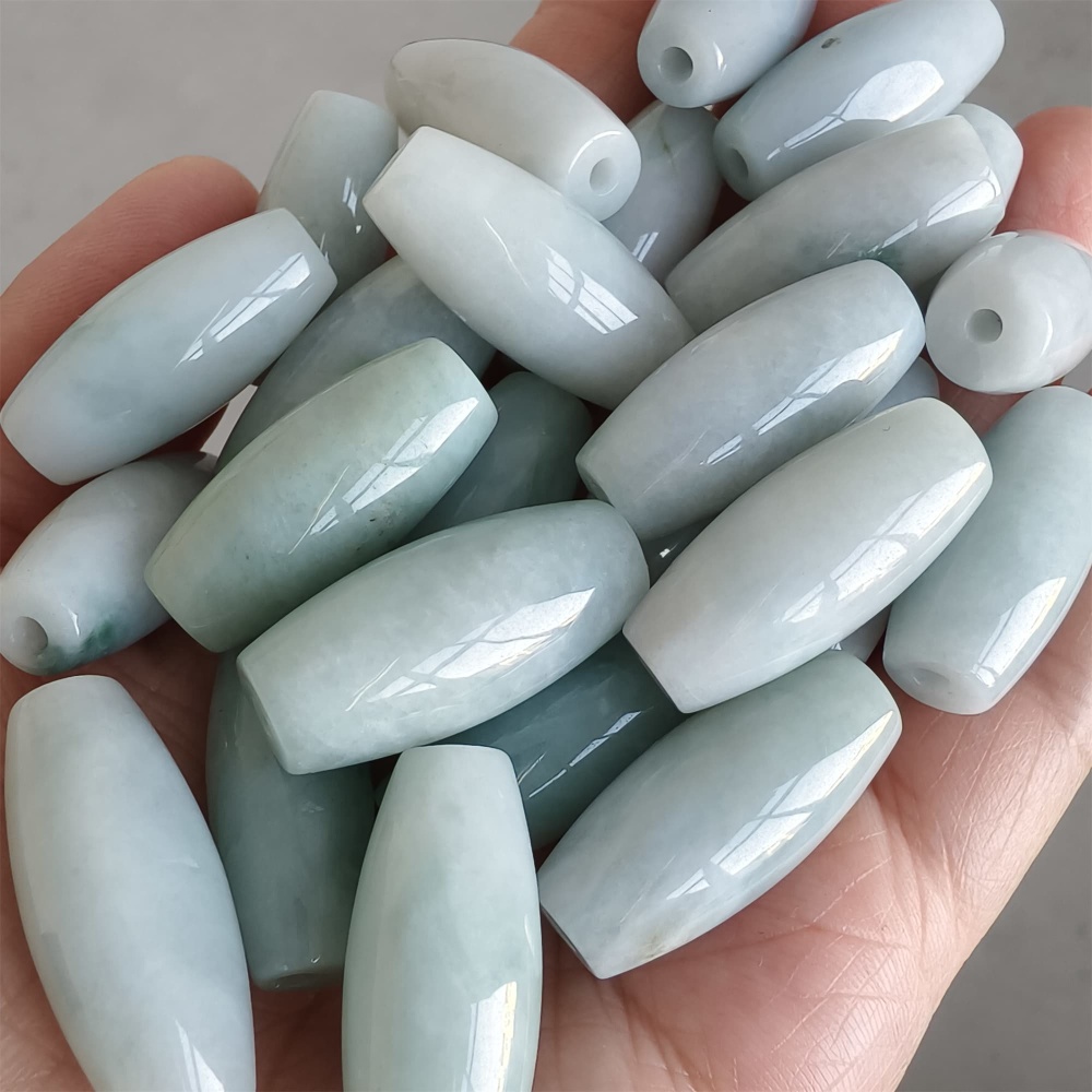 DDP | Natural Certificated Type A 25.8-27X11.8-12.7mm Icy Green White Burmese Jadeite Oval Beads,,DIY Jewelry Supplies
